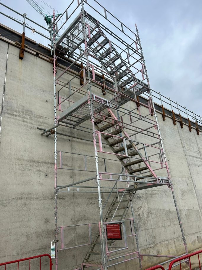Infrastructure Project, Derbyshire Multiple Scaffolding Staircase towers provided with Edge protection handrails
